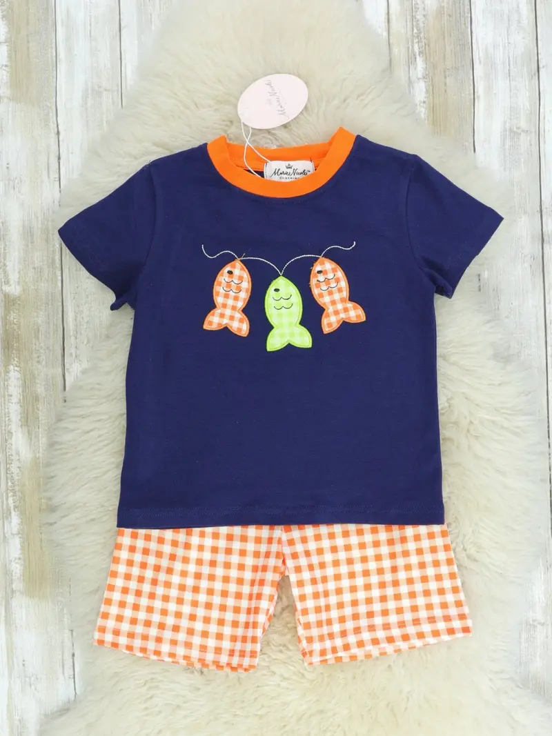 Blue & Orange Fishing-Themed Shorts Outfit 1