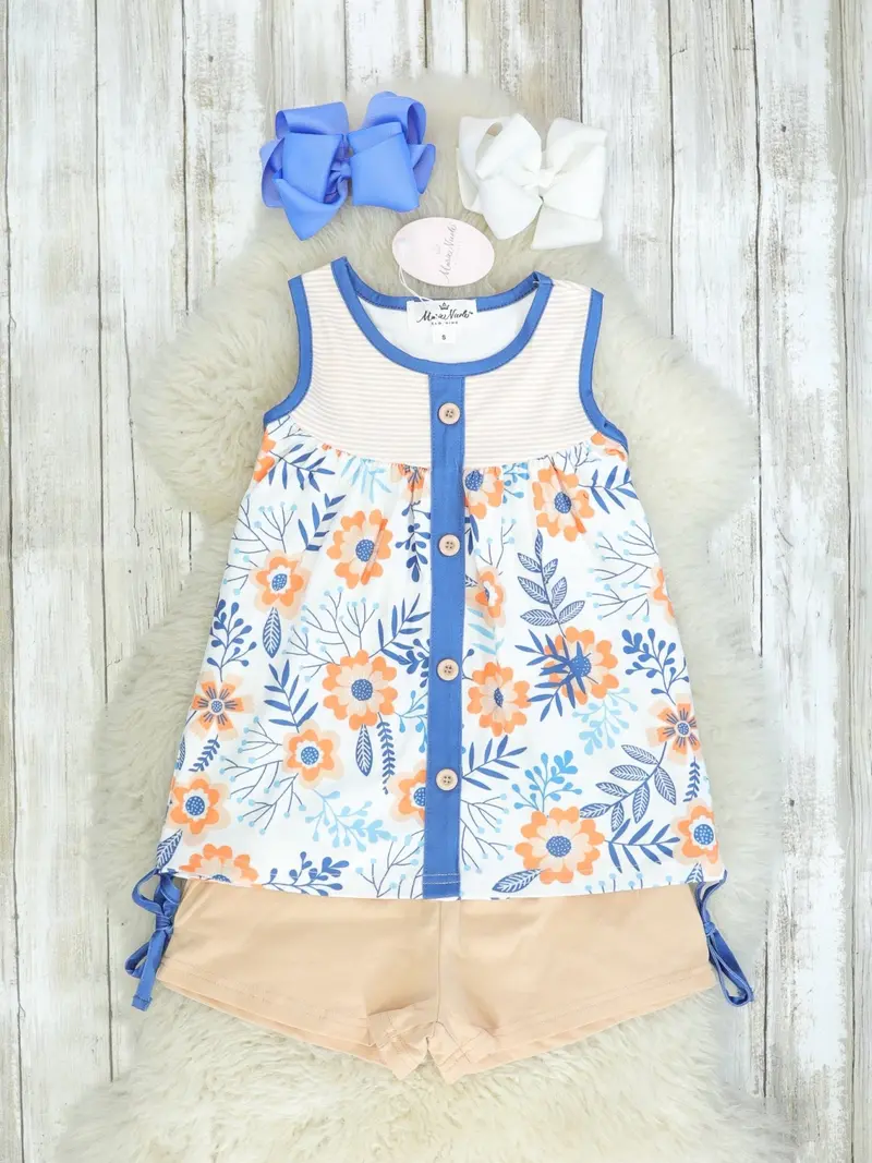 Blue & Peach Floral Tank And Shorts Set 1