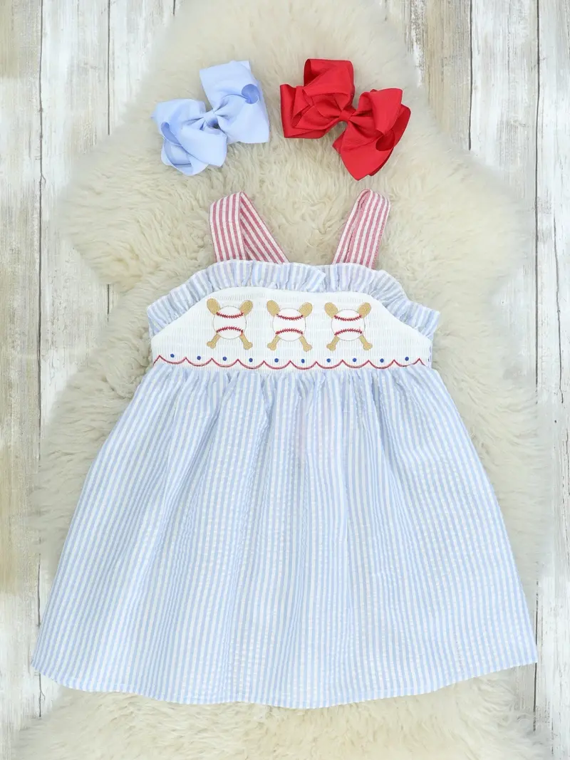Blue Pinstripe Baseball-Style Dress 1