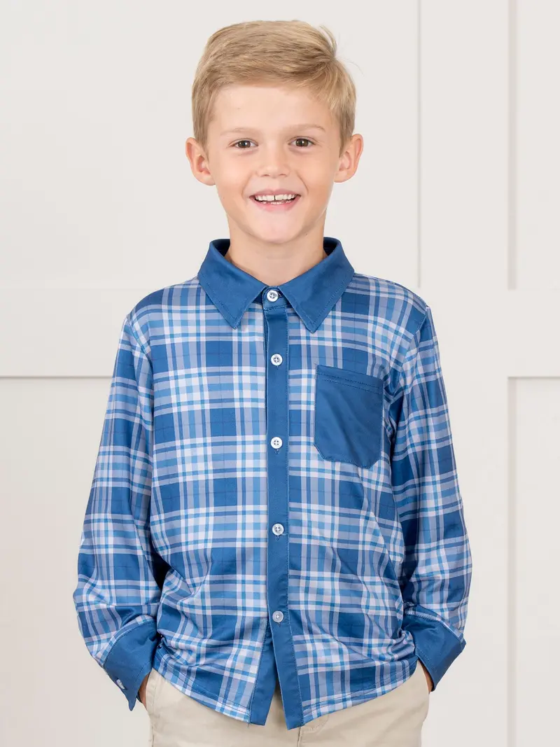 Blue Plaid Button-Up Shirt For Kids 1