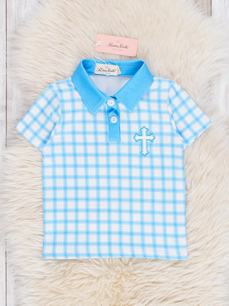 Blue Plaid Cross-Embroidered Polo Shirt 1