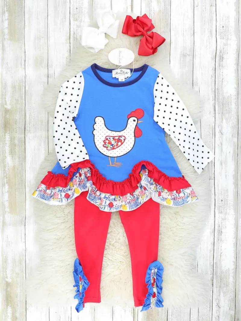 Blue Polka Dot Chicken Ruffle Top And Red Floral Pants Outfit 1