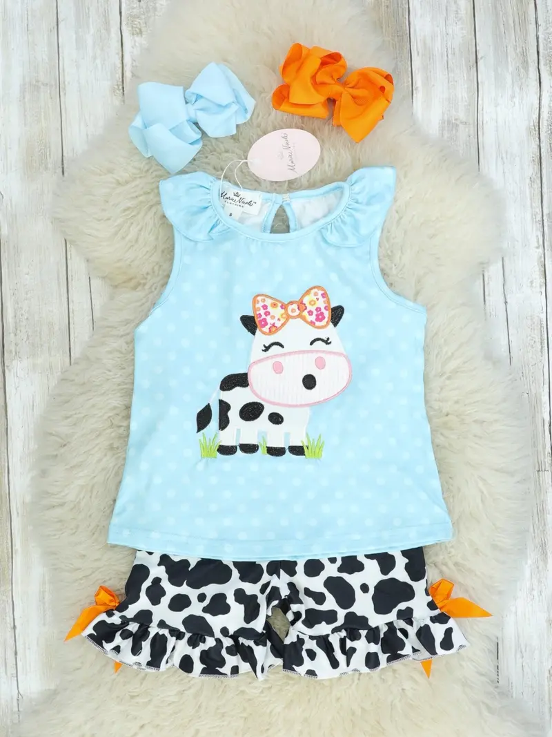 Blue Polka Dot Cow Print Toddler Outfit 1