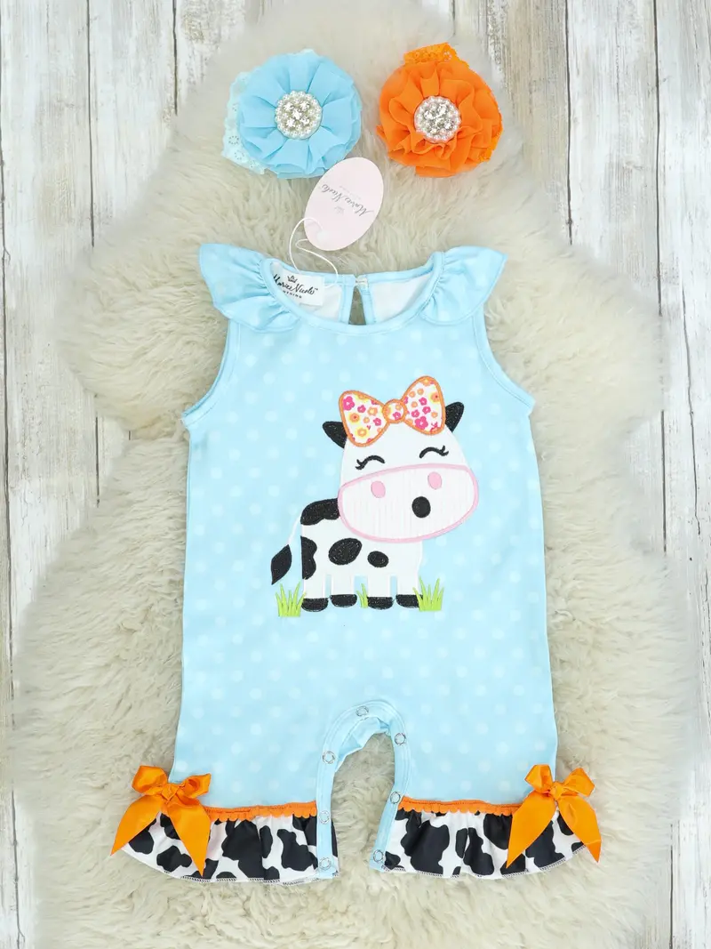 Blue Polka Dot Cow-Themed Ruffled Romper 1