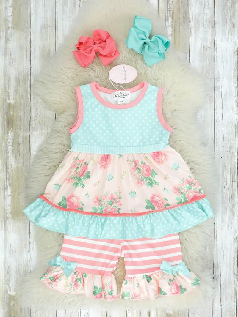 Blue Polka Dot Floral Ruffle Toddler Outfit 1