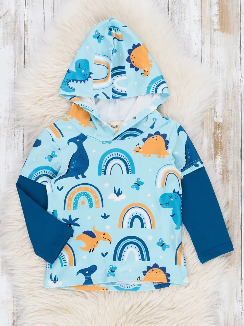 Blue Rainbow And Dinosaur Raglan Hoodie 1