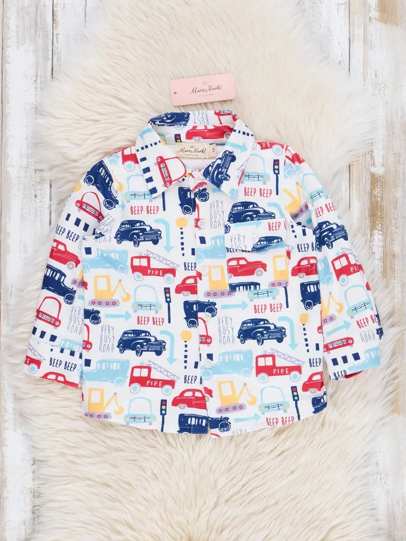 Blue Road Travelers Themed Button-Up Shirt For Kids 1