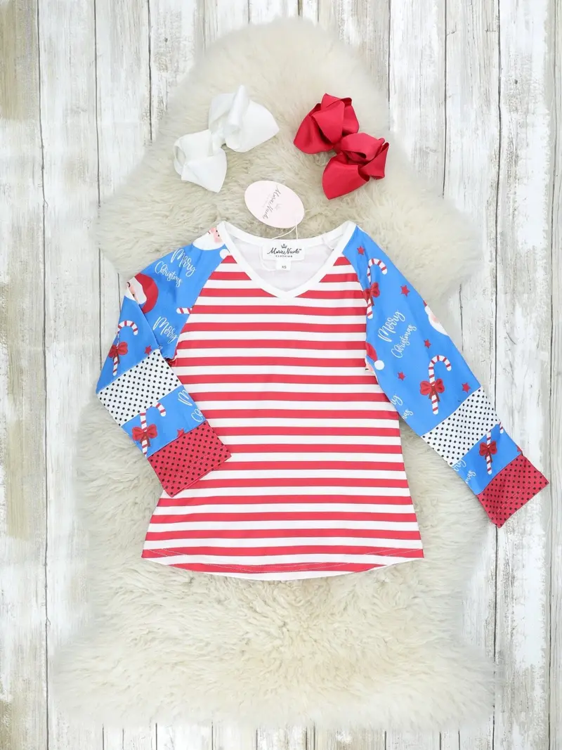 Blue Santa Stripe Raglan Top For Holiday Wear 1
