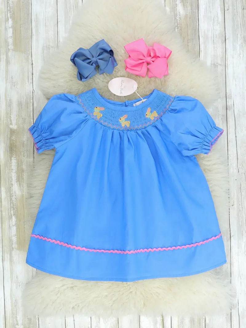 Blue Smocked Bunny Dress For Toddlers 1