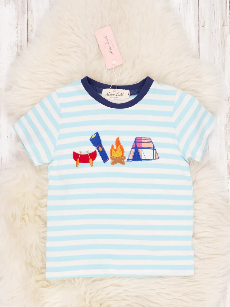 Blue Stripe Camping-Themed Shirt 1