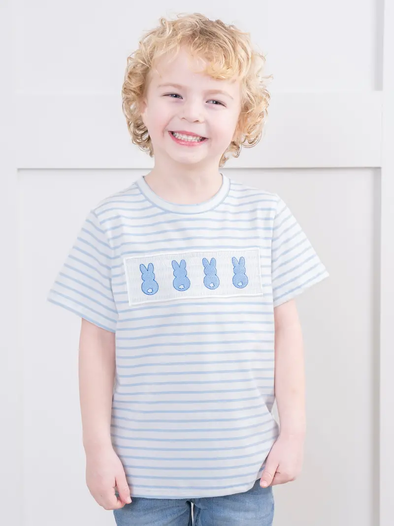 Blue Striped Smocked Bunny Graphic Shirt 1