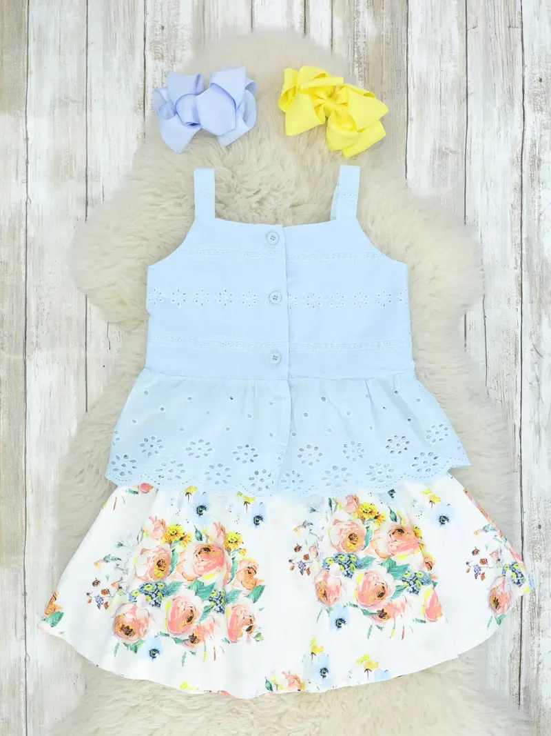 Blue Tank Top And Floral Skirt Matching Set 1