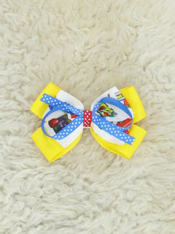 Blue, White, And Yellow Apple-Themed Hair Bow 1