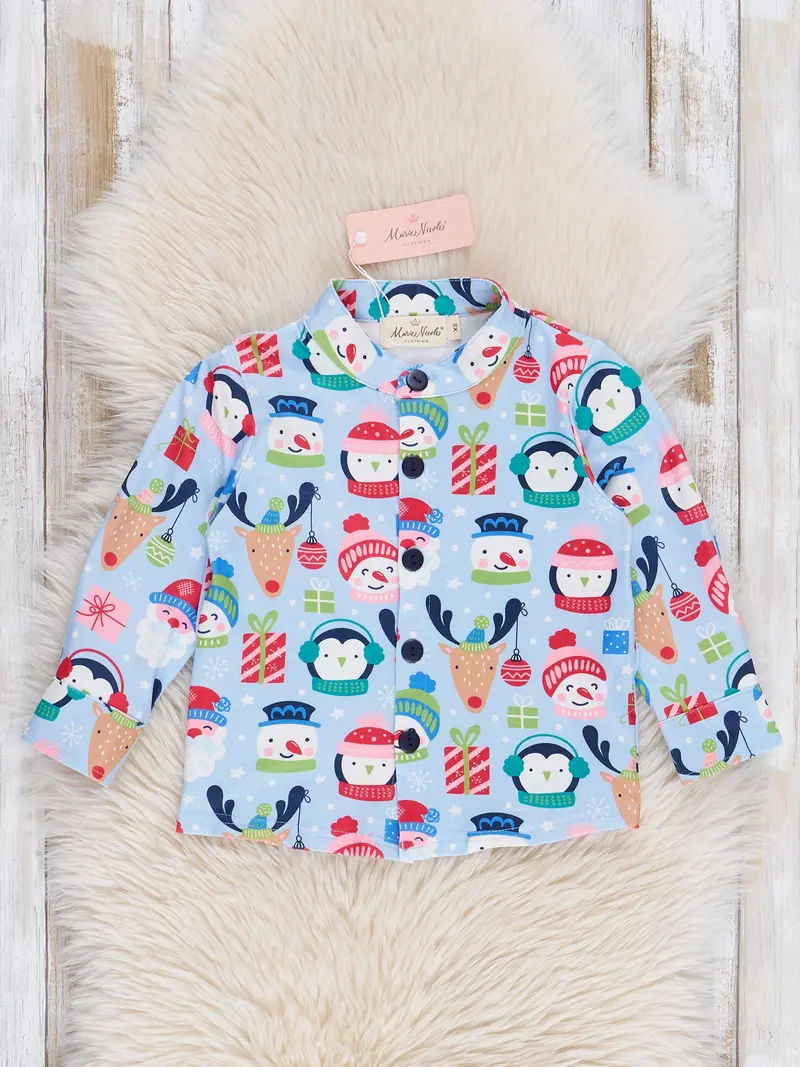 Blue Winter Penguin Button-Front Shirt 1