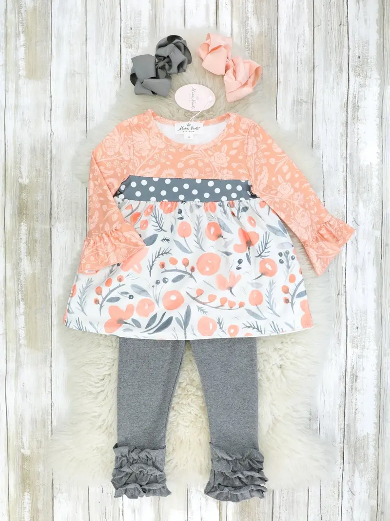 Blush And Grey Floral Ruffle Outfit Set 1
