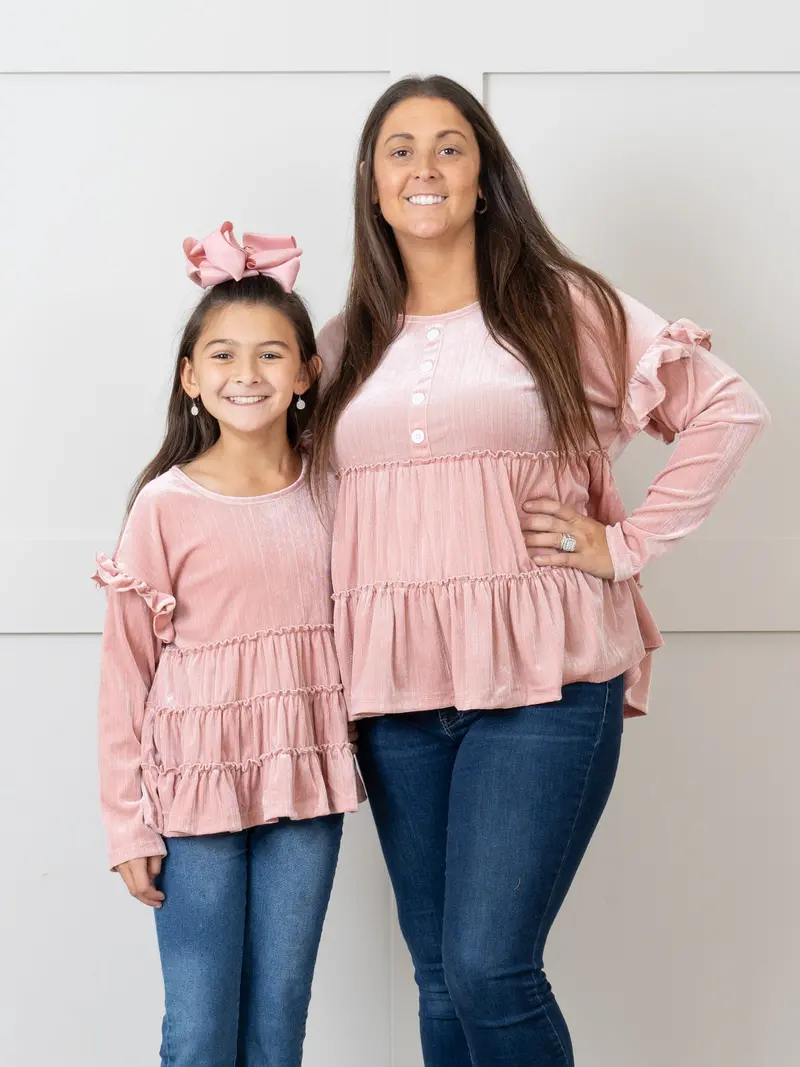 Blush Pink Velvet Ruffle Shirt – Coordinating Mom & Me Top 1