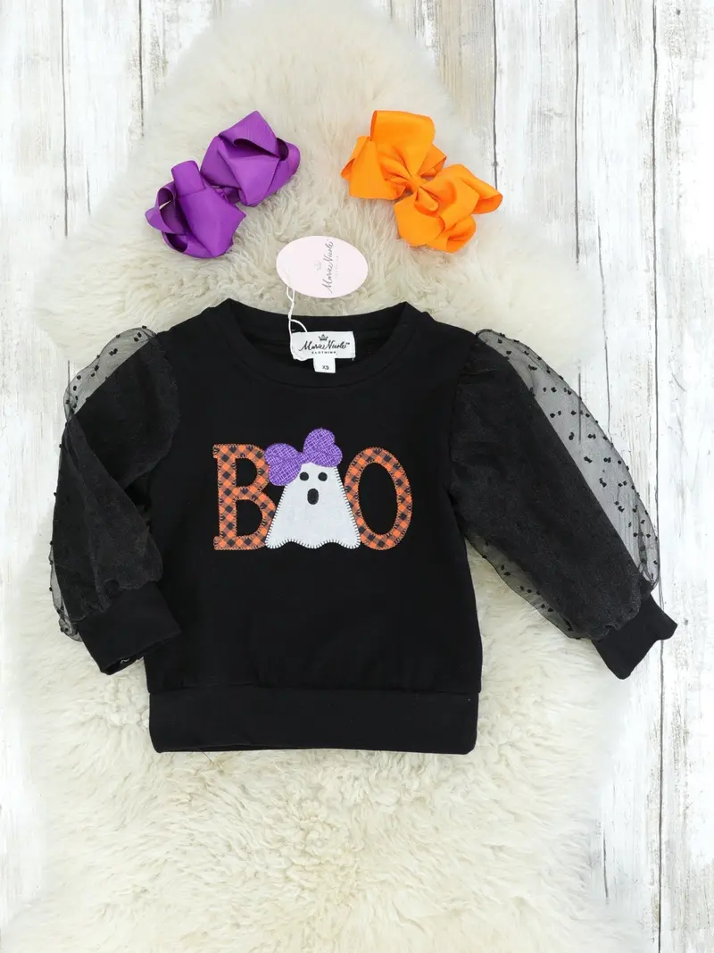 Boo-Embellished Swiss Dot Top With Balloon Sleeves 1