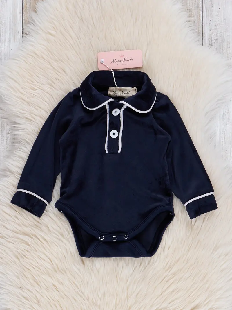 Boys’ Sapphire Velvet Polo Romper – Holiday Dressy Outfit 1