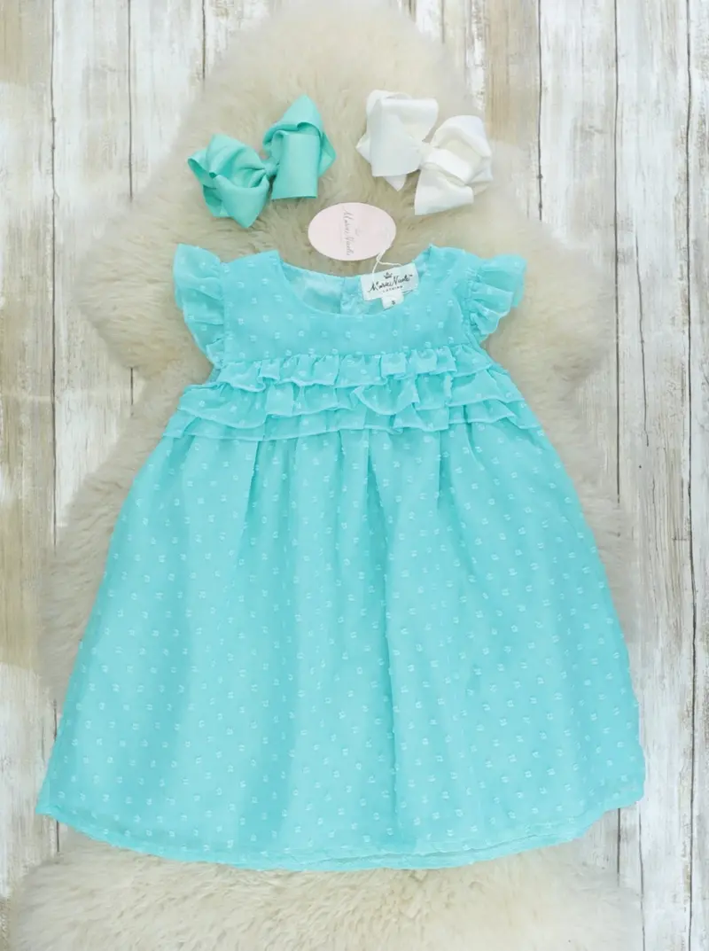 Bright Blue Swiss Dot Dress With Ruffle Accents 1