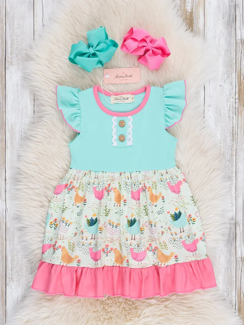 Bright Chickens Ruffle Dress For Girls 1