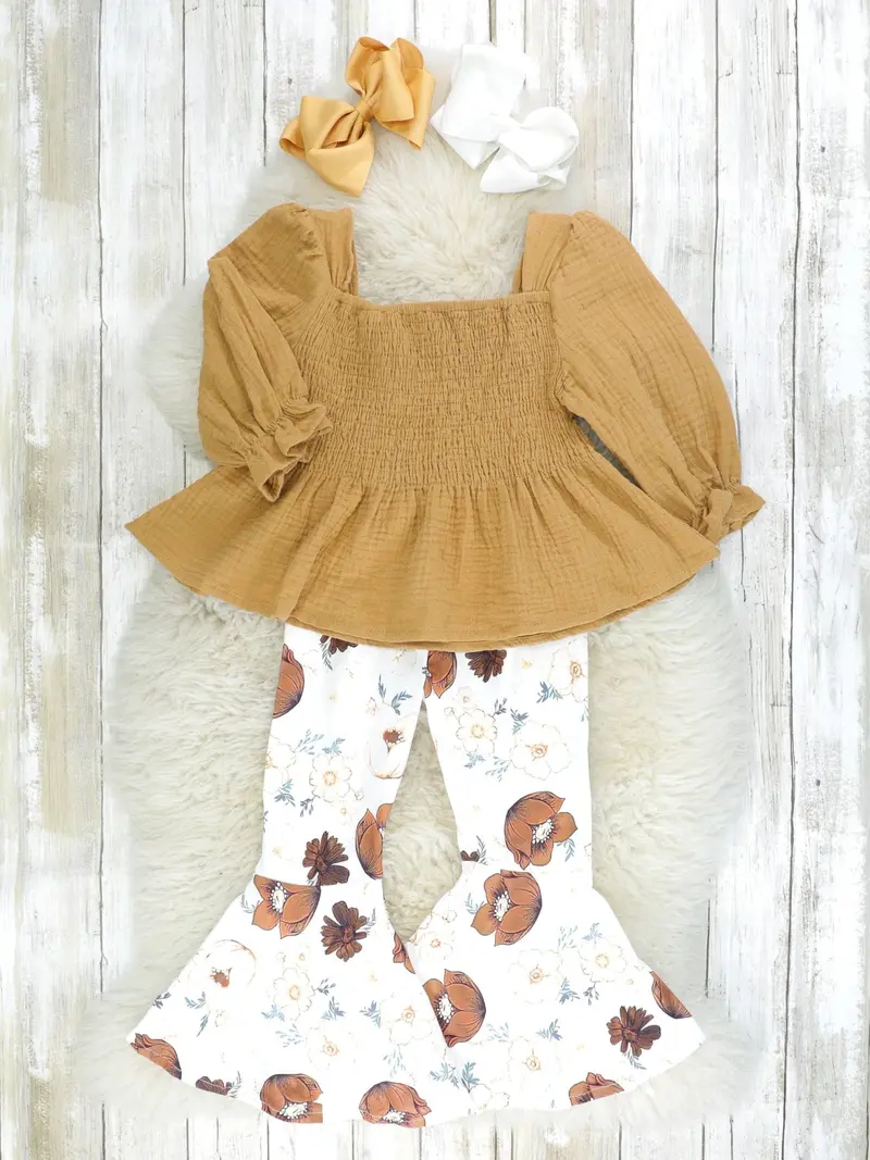 Brown Floral Smocked Dress With Ruffle Trim 1