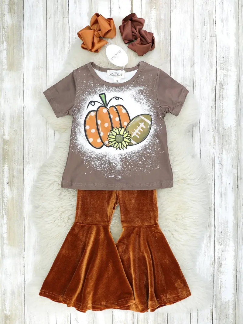 Brown Football-Inspired Top With Velvet Bell Sleeve Bottoms 1