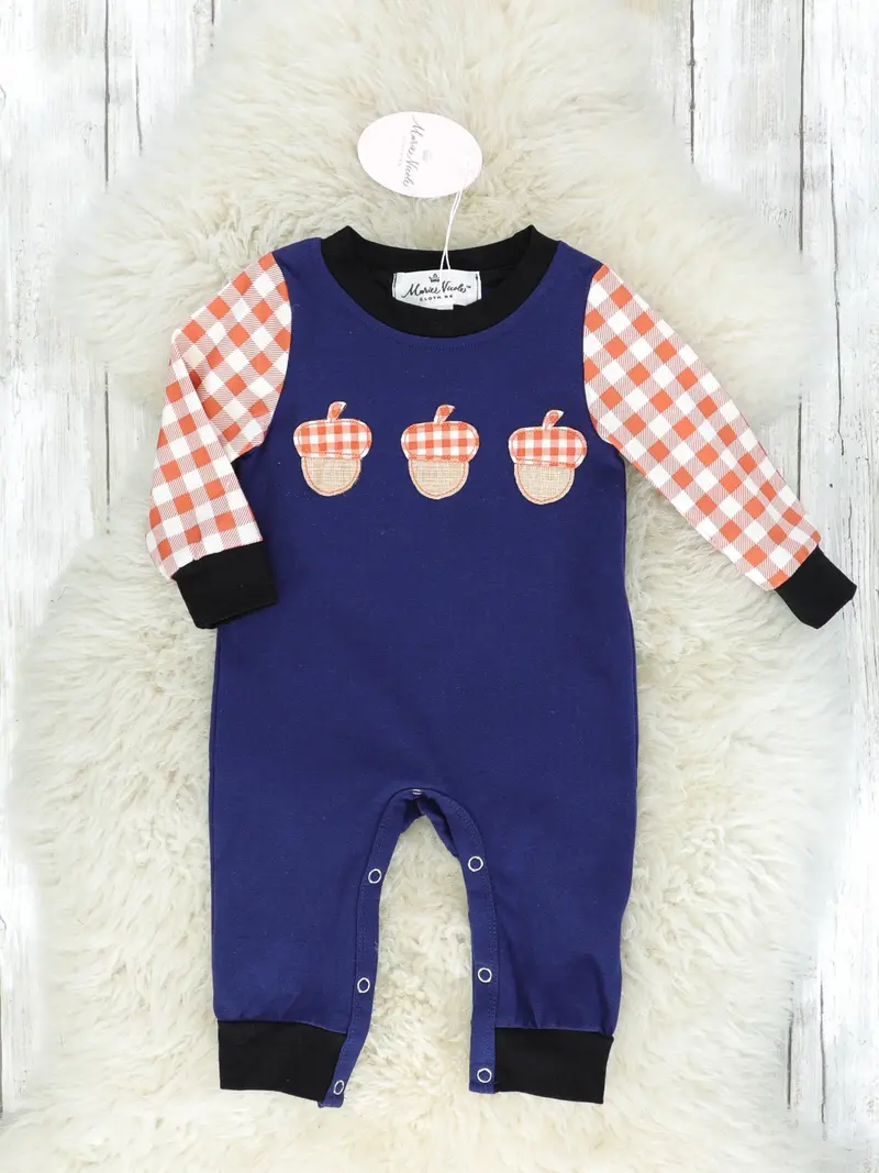 Brown Gingham Acorn-Print Romper For Babies 1