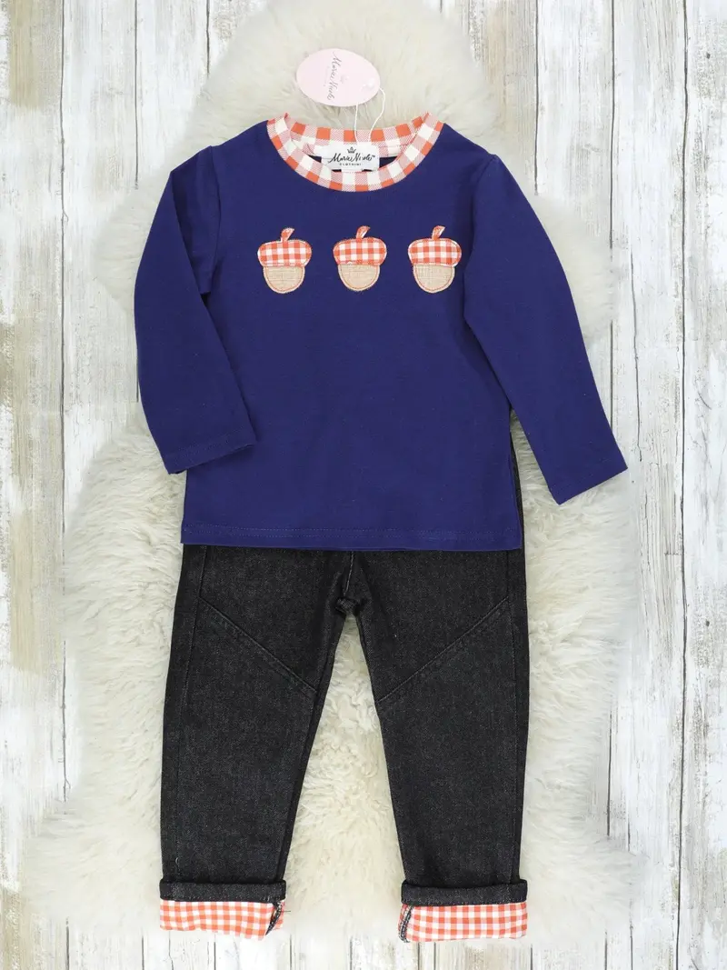 Brown Gingham Acorn-Themed Denim Ensemble 1