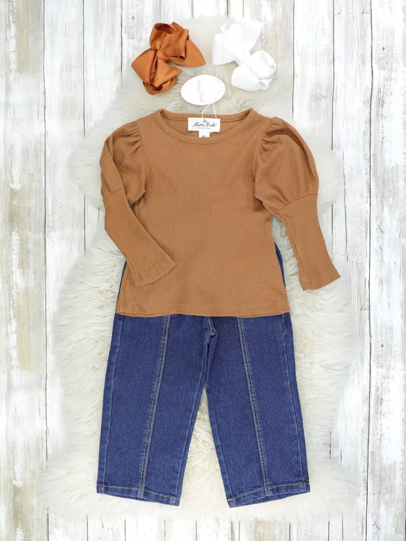 Brown Long-Sleeve Top And Denim Matching Outfit 1