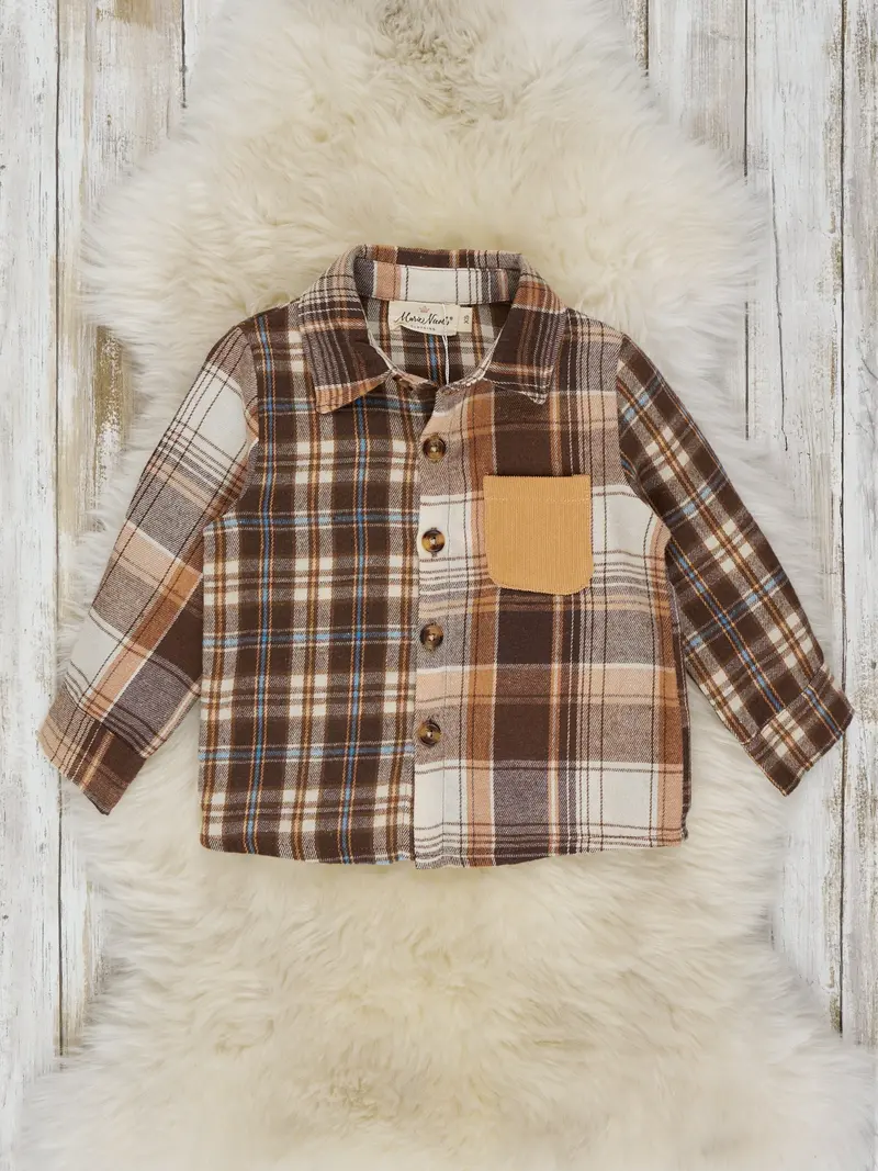Brown Mixed-Plaid Button-Up Shirt 1