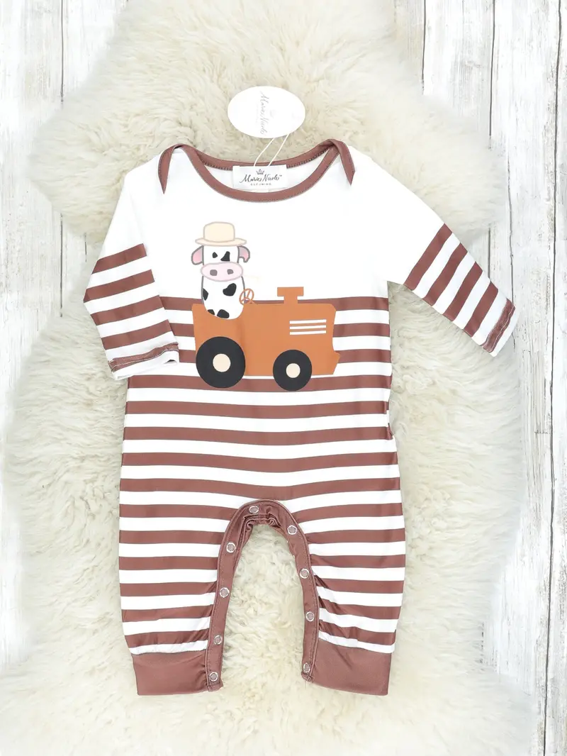 Brown Striped Cow Farmer Romper 1