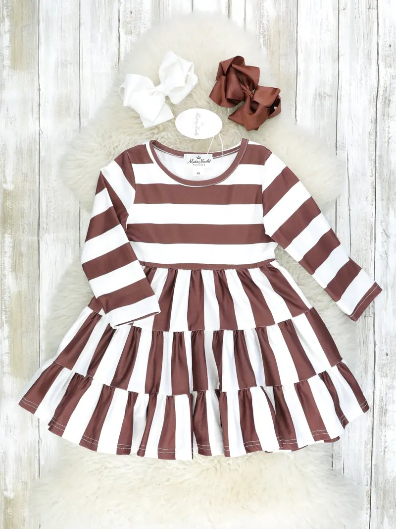 Brown Striped Mom-And-Me Long Sleeve Swing Dress Set 1