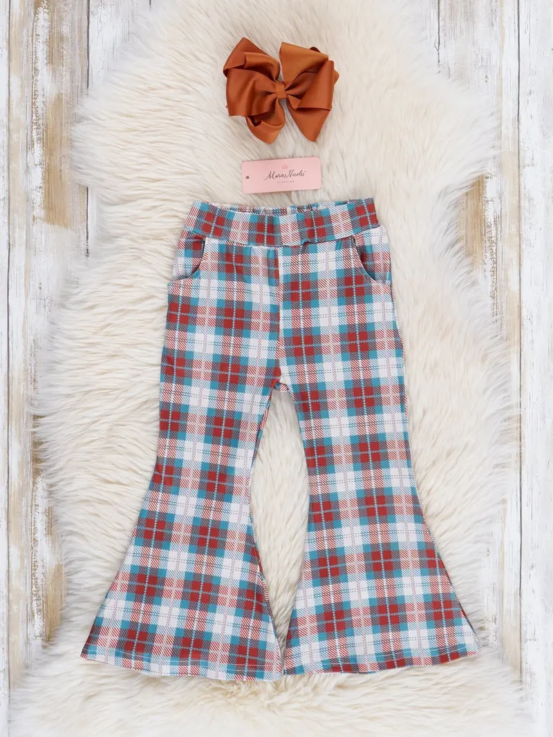 Brown & Turquoise Plaid Bell Bottom Pants 1
