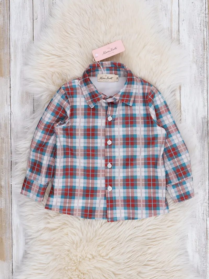 Brown-Turquoise Plaid Button-Up Shirt 1