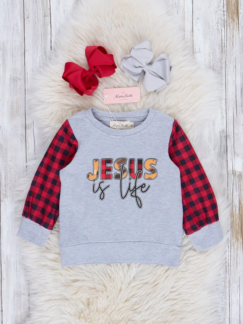 Buffalo Plaid Faith-Based "Jesus Is Life" Graphic Tee 1