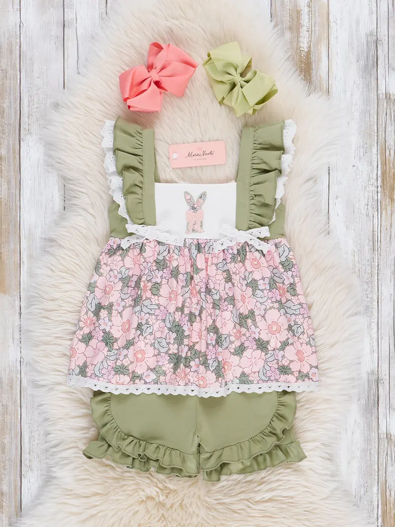 Bunny-Embroidered Floral Ruffle Outfit Set 1