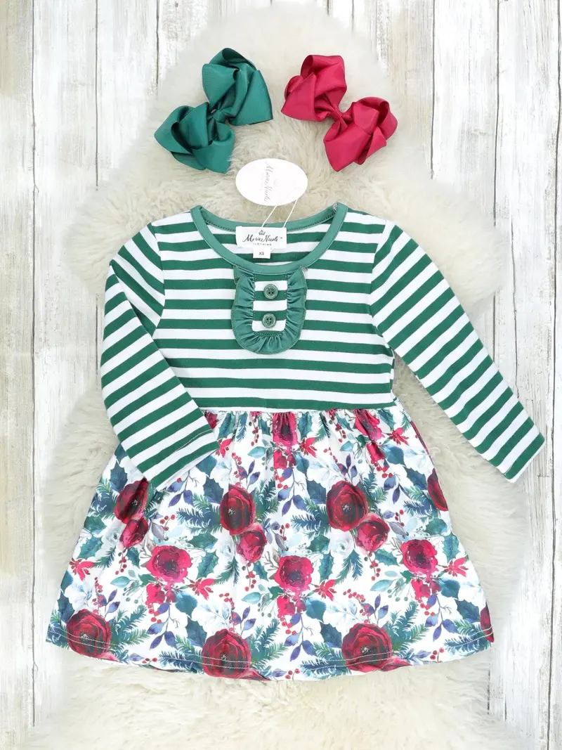 Burgundy And Forest Green Botanical Print Dress 1