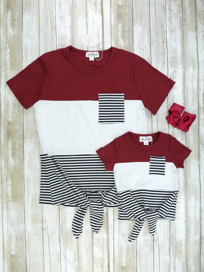 Burgundy, Black, And White Striped Tie-Front Shirt Set For Mom And Daughter 1