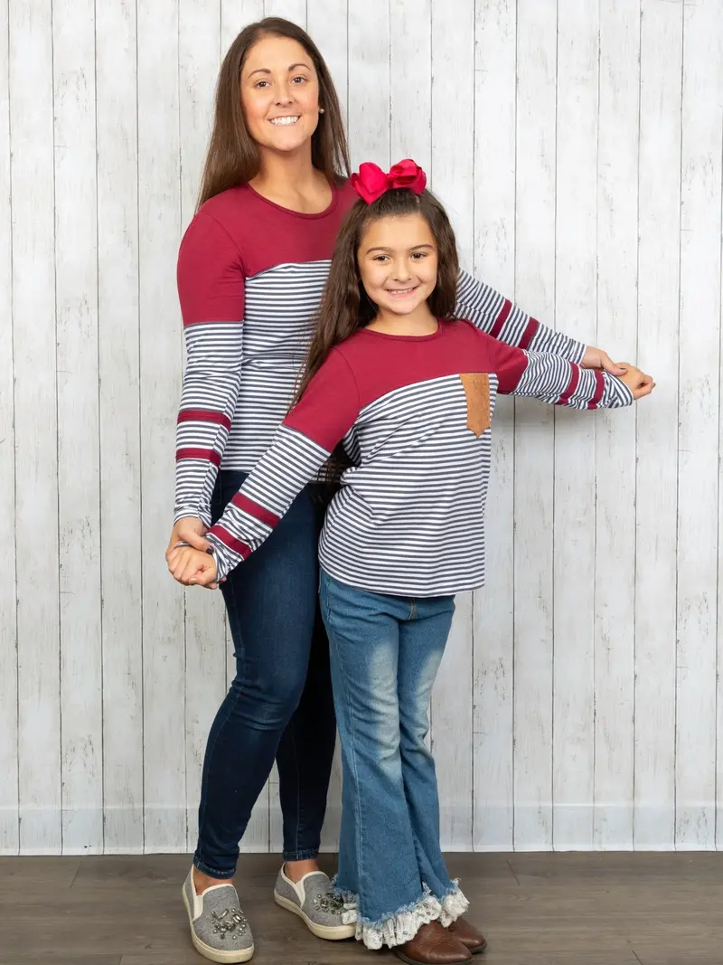 Burgundy Striped Pocket Shirt – Mom & Me Pair 1