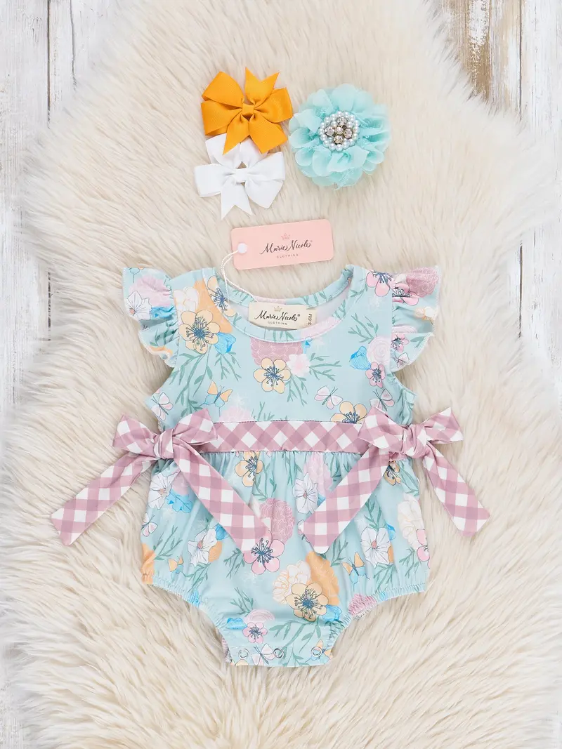 Butterfly Floral Flutter Sleeve Bow Bubble Romper 1