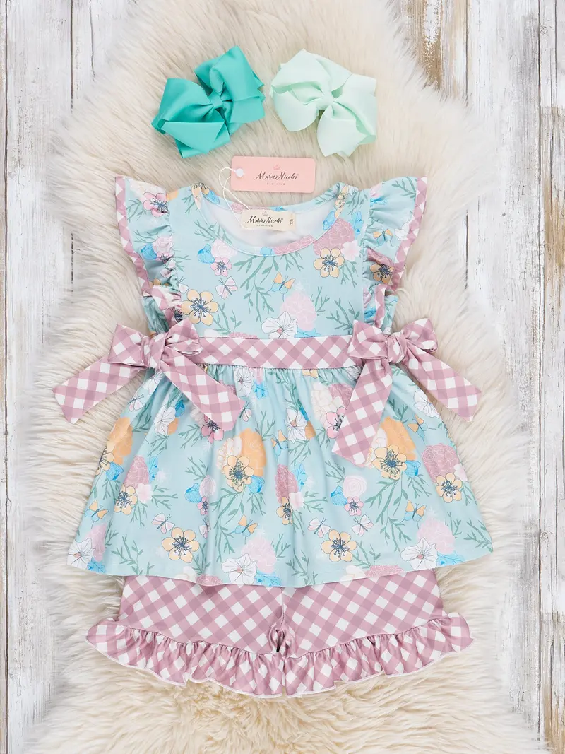 Butterfly Floral Flutter Sleeve Bow Matching Set 1