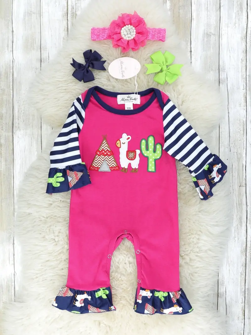 Cactus And Llama Patterned Striped Romper For Babies 1