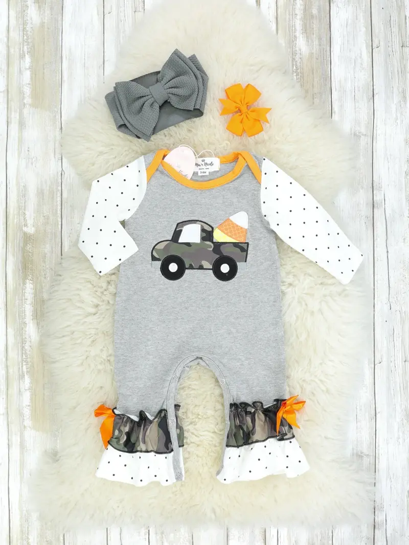 Camo Candy Corn Truck Print Ruffle Romper 1