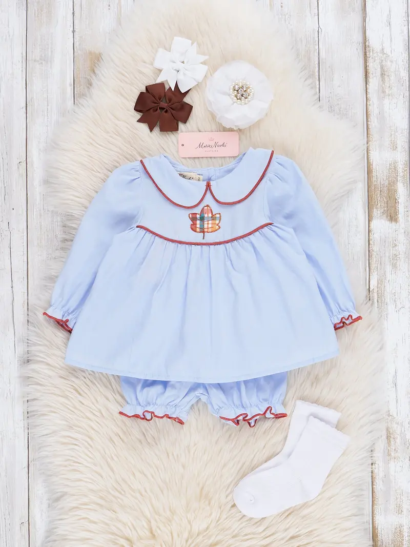 Chambray Bloomer Set With Embroidered Leaf Detail 1