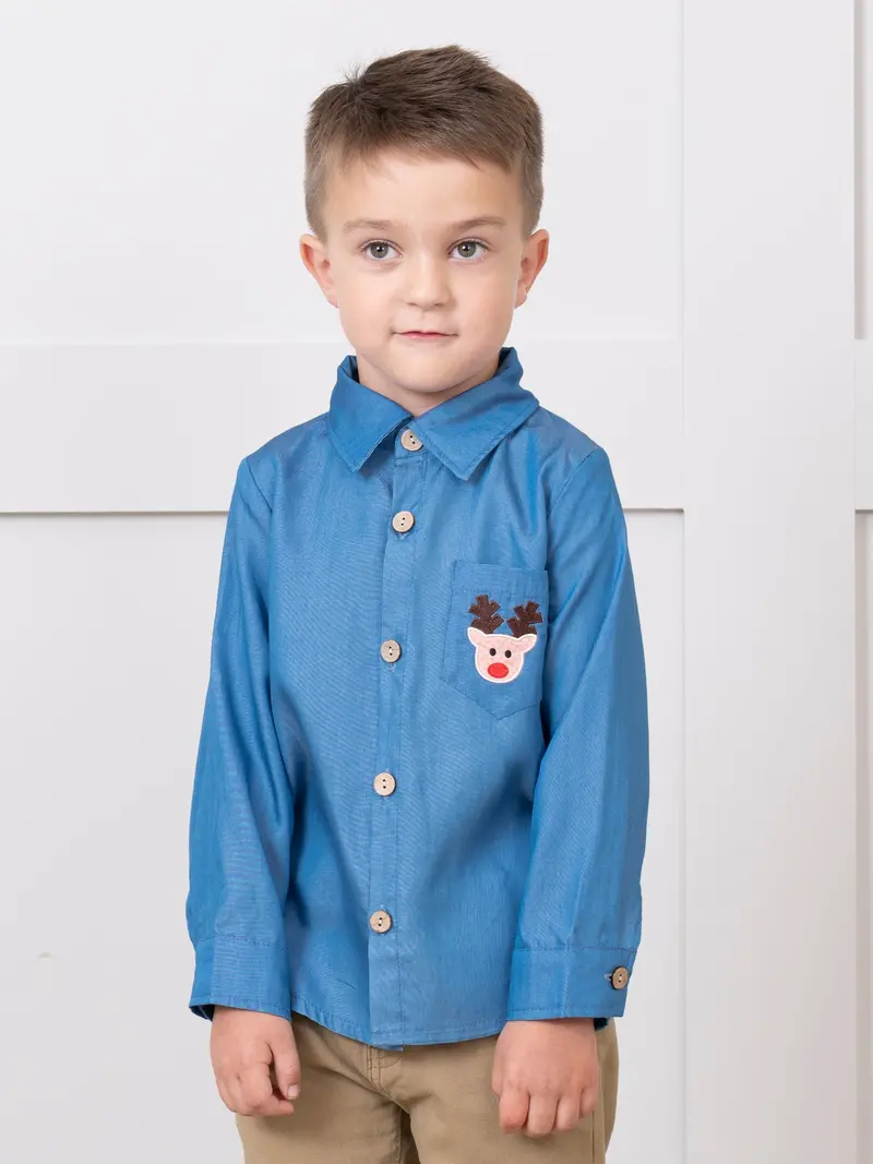 Chambray Reindeer Embroidered Pocket Shirt 1