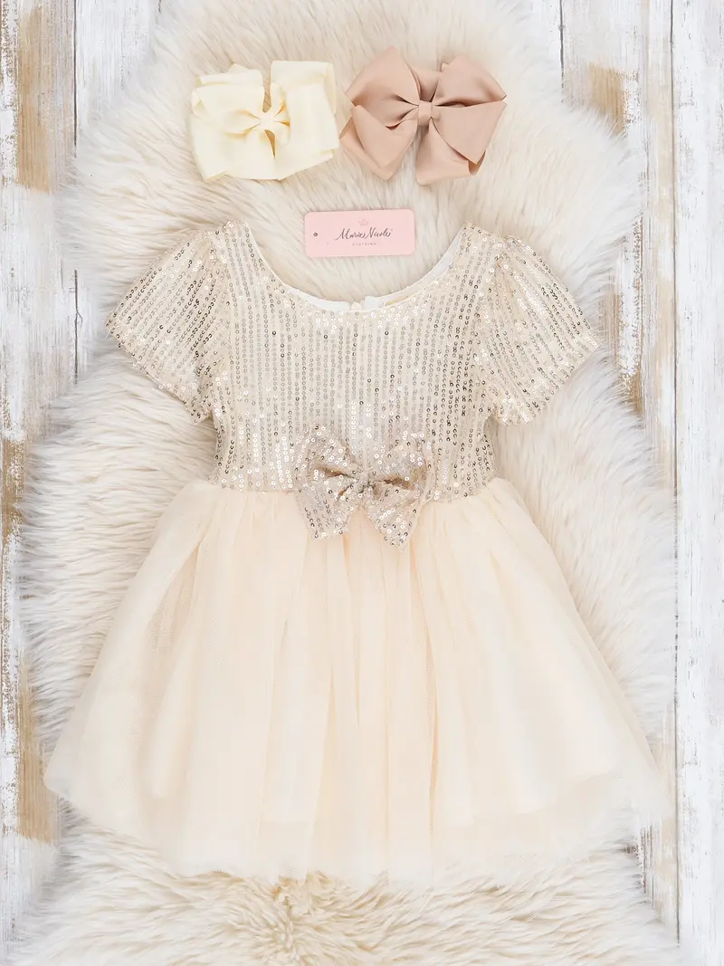 Champagne Tulle Sequin Dress With Bow Accent 1