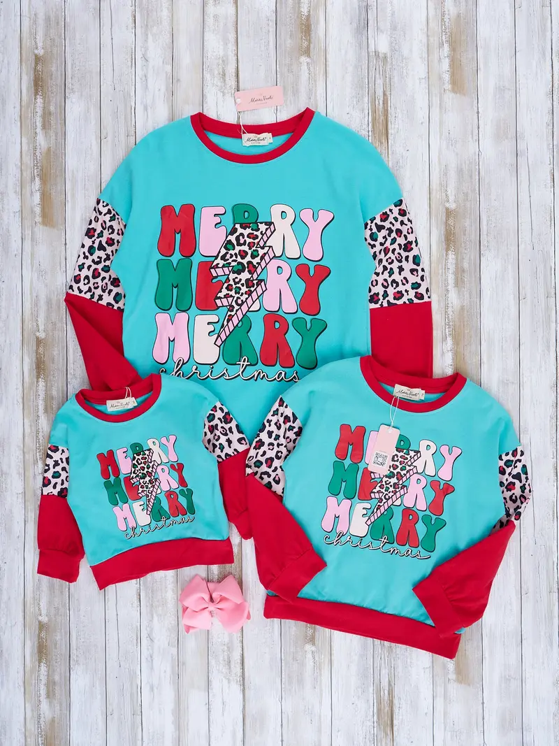 Coordinated Ice Blue And Red Holiday Crew Neck Shirts For Mom & Child 1