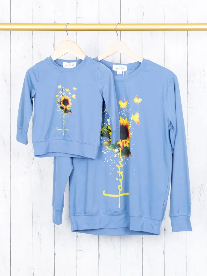Coordinating Blue "Faith" Sunflower Pullovers For Mom & Child 1