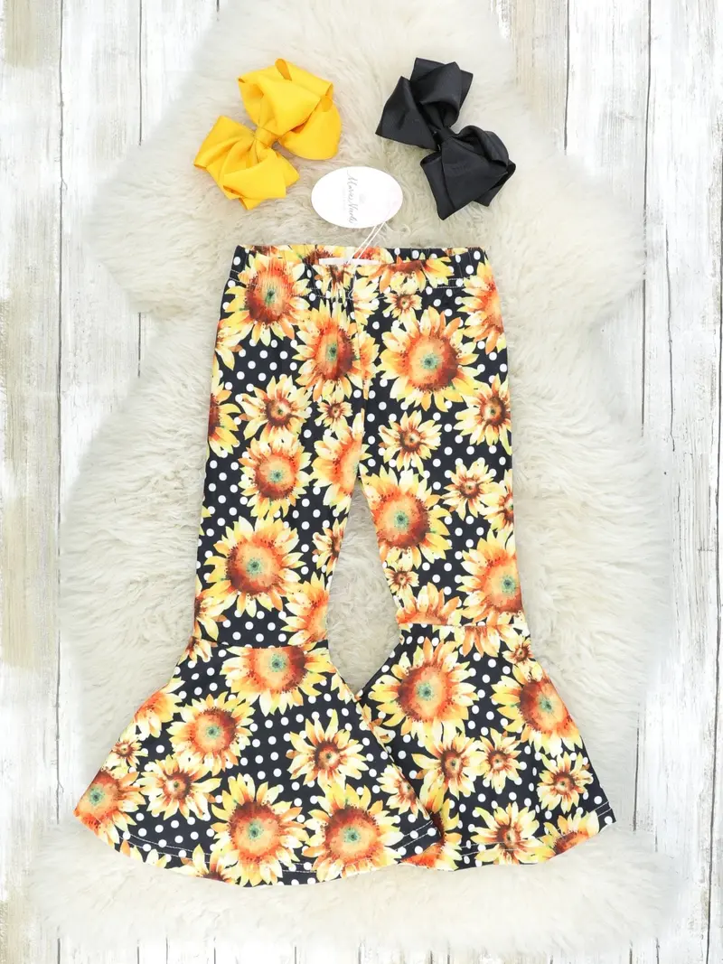 Coordinating Mom & Me Outfit: Black Polka Dot And Yellow Floral Bell Bottoms 1