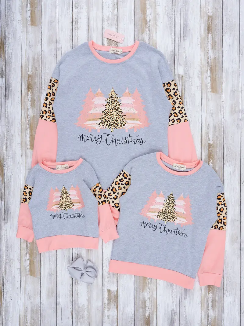 Coral And Leopard-Print Christmas Matching Crew Neck Set